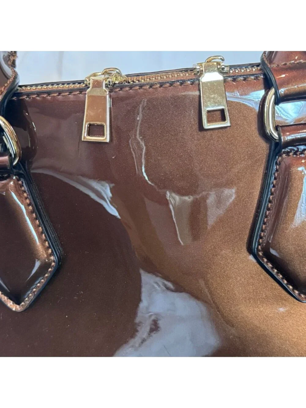 Brown Patent Leather Doctor Satchel Structured Top Handle Vintage Style Handbag